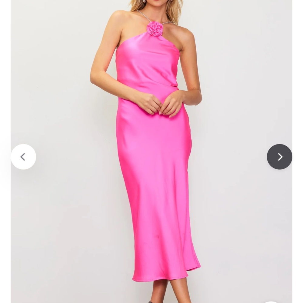 Skies Are Blue Hot Pink Satin Strapless Midi Dress with Rosette